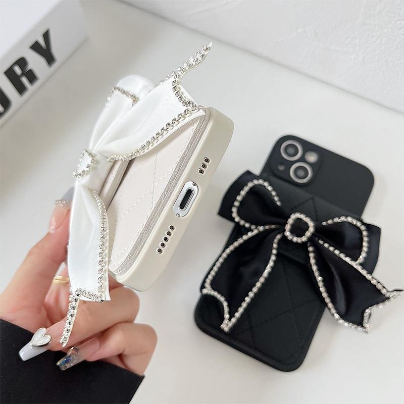 Fashion 3D Cute Bow Coin Purse Card Slot Holder Wallet Phone Case For iphones 15 16 pro max 14 Plus With Crossbody Lanyard Strap