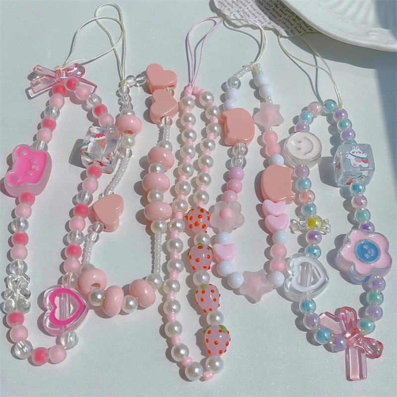 REWIN Cute Sweet Strawberry Key Chain Anti Lost Pearl Beaded Mobile Phone Charm Chain Cellphone Lanyard Wrist Strap