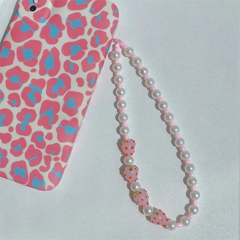REWIN Cute Sweet Strawberry Key Chain Anti Lost Pearl Beaded Mobile Phone Charm Chain Cellphone Lanyard Wrist Strap