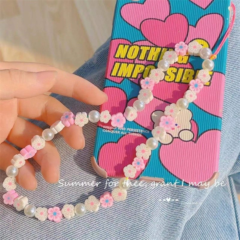REWIN Cute Sweet Strawberry Key Chain Anti Lost Pearl Beaded Mobile Phone Charm Chain Cellphone Lanyard Wrist Strap