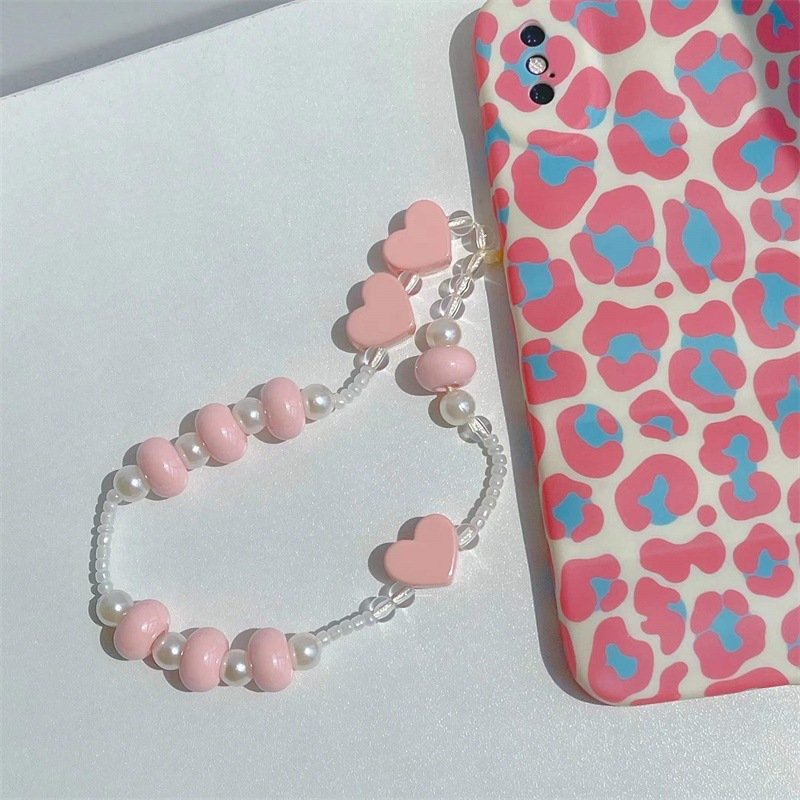 REWIN Cute Sweet Strawberry Key Chain Anti Lost Pearl Beaded Mobile Phone Charm Chain Cellphone Lanyard Wrist Strap
