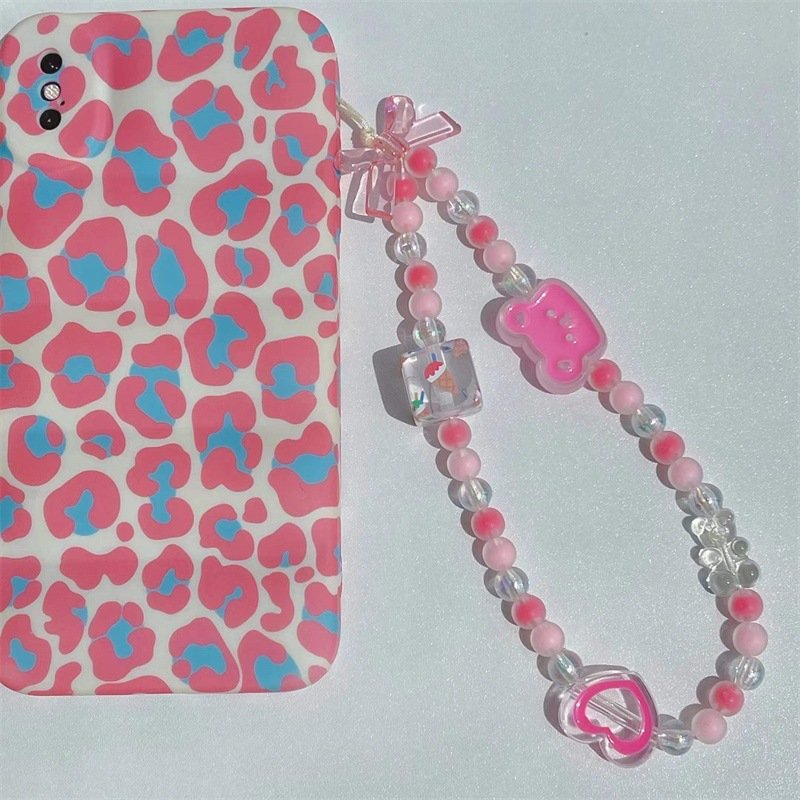 REWIN Cute Sweet Strawberry Key Chain Anti Lost Pearl Beaded Mobile Phone Charm Chain Cellphone Lanyard Wrist Strap