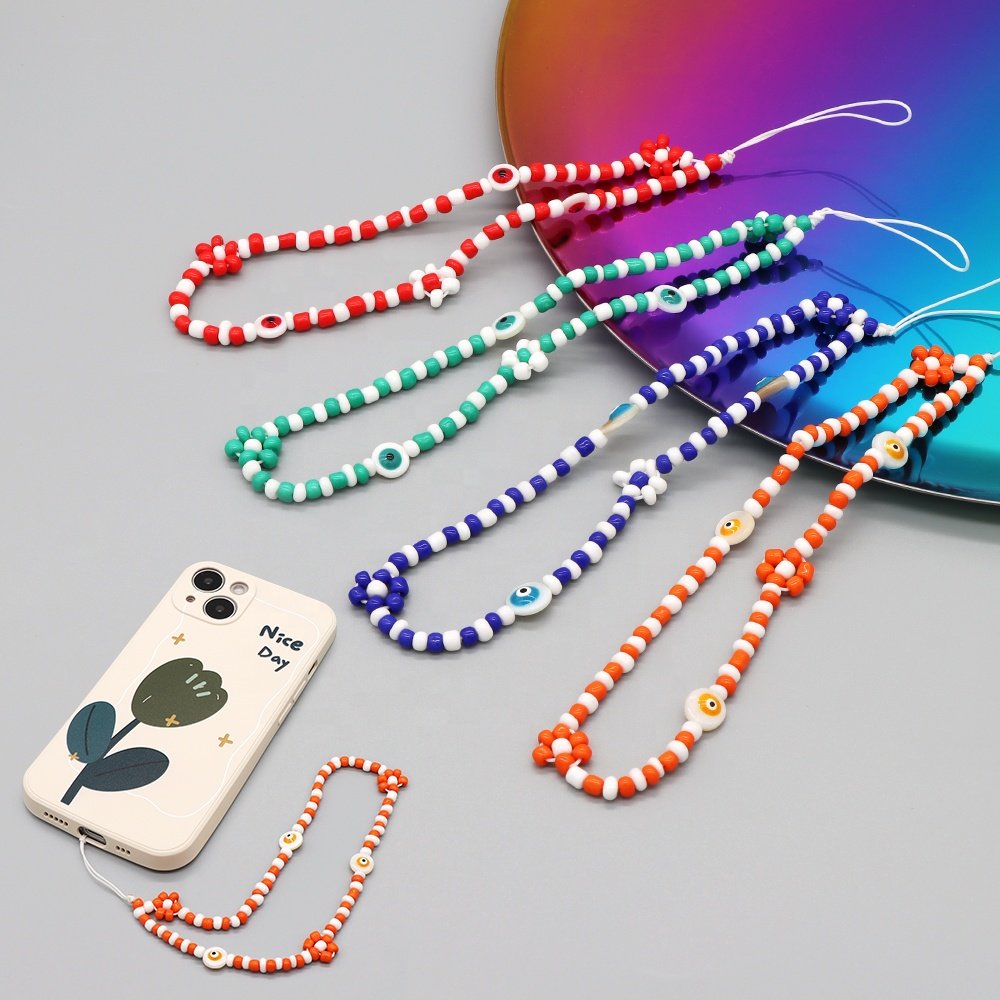 Natural Shell Evils Eye Multi Color Handmade Beaded Flower Phone Charm Fashion Mobile Phone Chains Beads Phone Strap