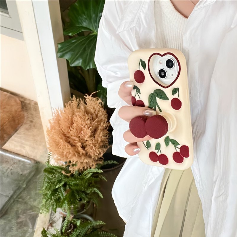 Fashion Cute 3D Cherry Bracket Soft Silicone Phone Case for iPhone 13 12 11 14 15 Pro Max on iPhone 14Pro 15Pro Back Cover Coque