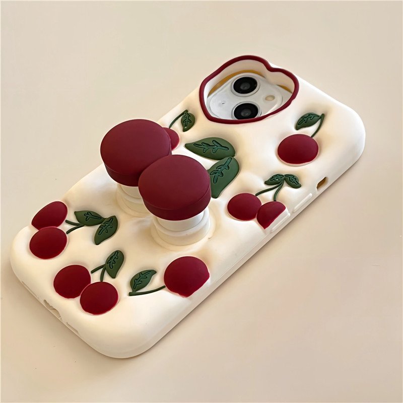 Fashion Cute 3D Cherry Bracket Soft Silicone Phone Case for iPhone 13 12 11 14 15 Pro Max on iPhone 14Pro 15Pro Back Cover Coque