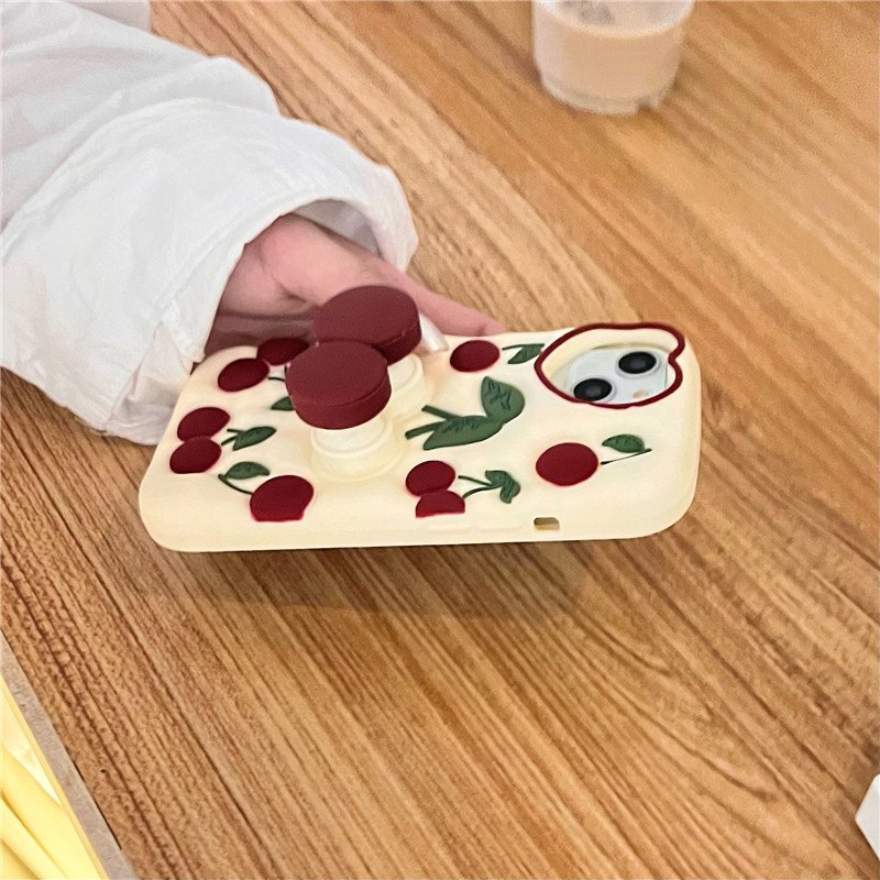Fashion Cute 3D Cherry Bracket Soft Silicone Phone Case for iPhone 13 12 11 14 15 Pro Max on iPhone 14Pro 15Pro Back Cover Coque