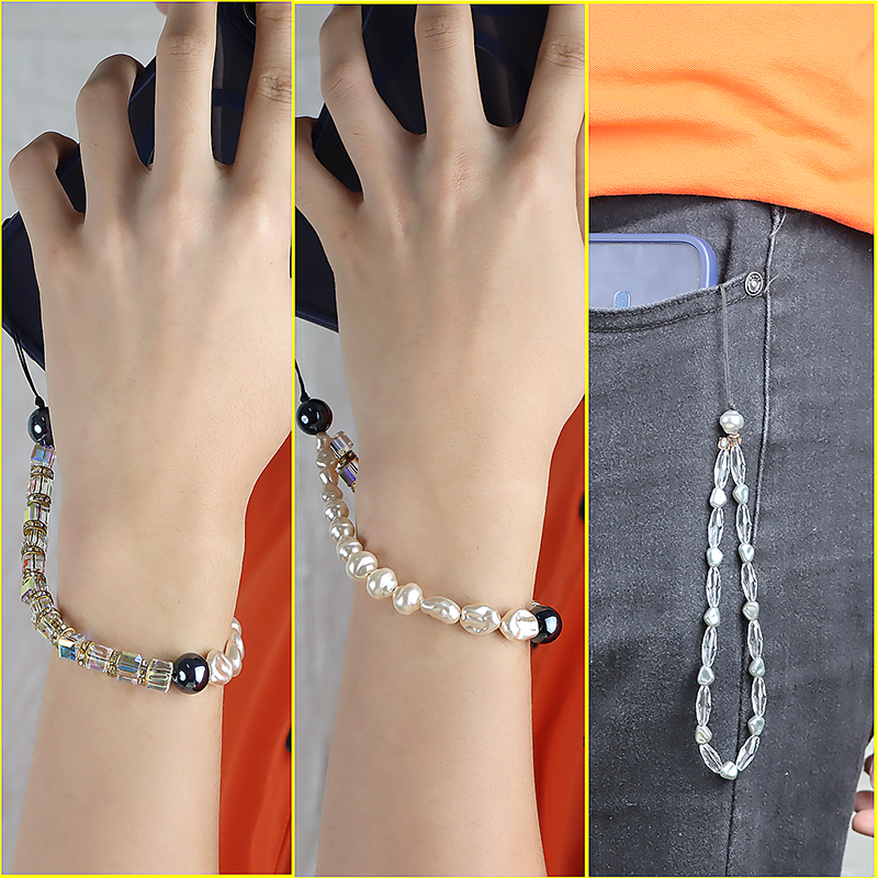 Pearls Mobile Beaded Lanyard Cell Phone Straps Wristlet Aesthetic Phone Chain Wristband Cellphone Wrist Straps for Girls Woman