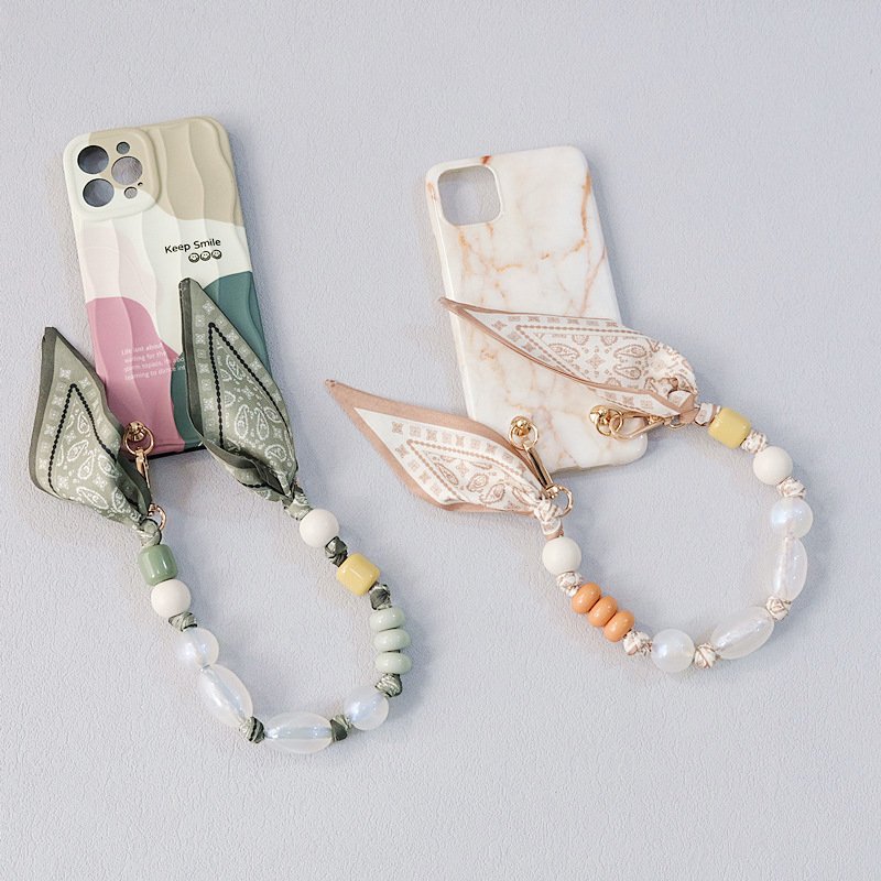 Elegant Bag Handle with Scarves Mobile Phone Accessories Anti-lost Women Cell Phone Strap Clutch Beaded Bag Strap