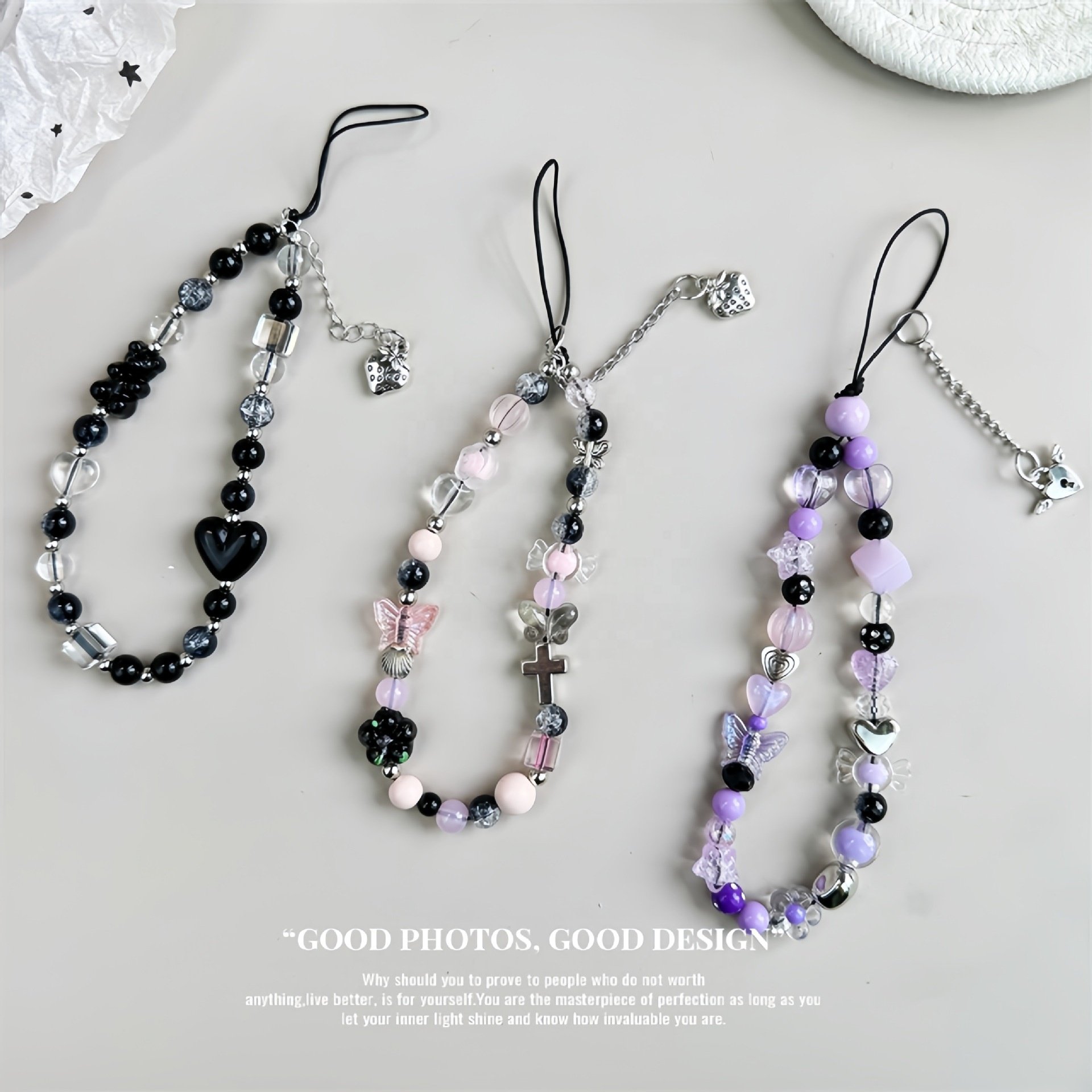 MAXUN Personalize Butterfly Beaded Cell Phone Charm Chain Strap Wholesale Handmade Heart Beaded Phone Straps For Women