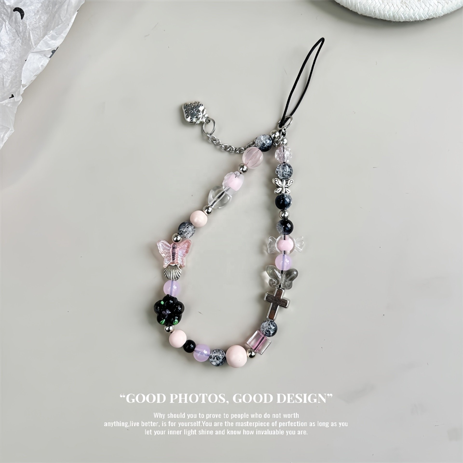 MAXUN Personalize Butterfly Beaded Cell Phone Charm Chain Strap Wholesale Handmade Heart Beaded Phone Straps For Women