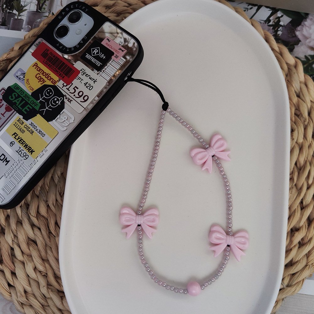 Y2k Acrylic Cute Clear Pink Bow Beaded Phone Strap Bracelet Phone Case Lanyard Charm Bead Wrist Rope Accessories Keychain Women