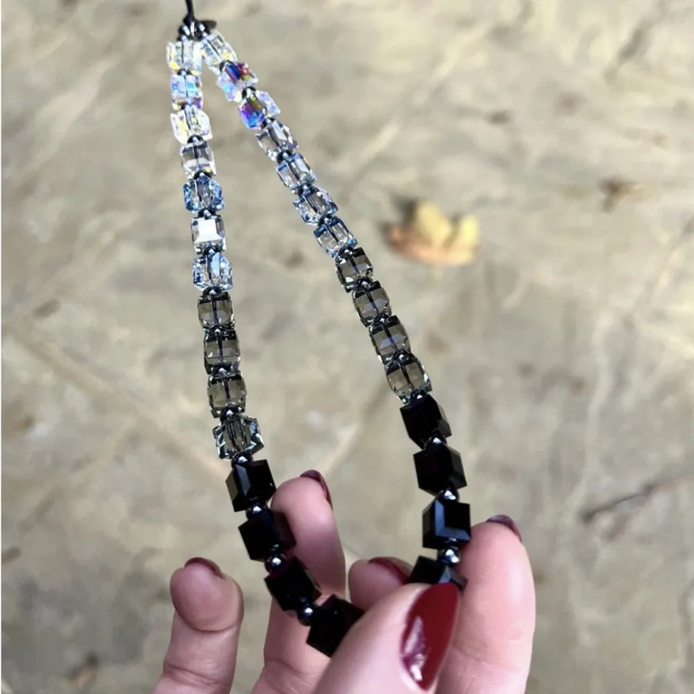 Gradient Color Square Crystal Mobile Phone Charm Strap Glass Bead Chain Cellphone Accessories Pendant for Phone Case