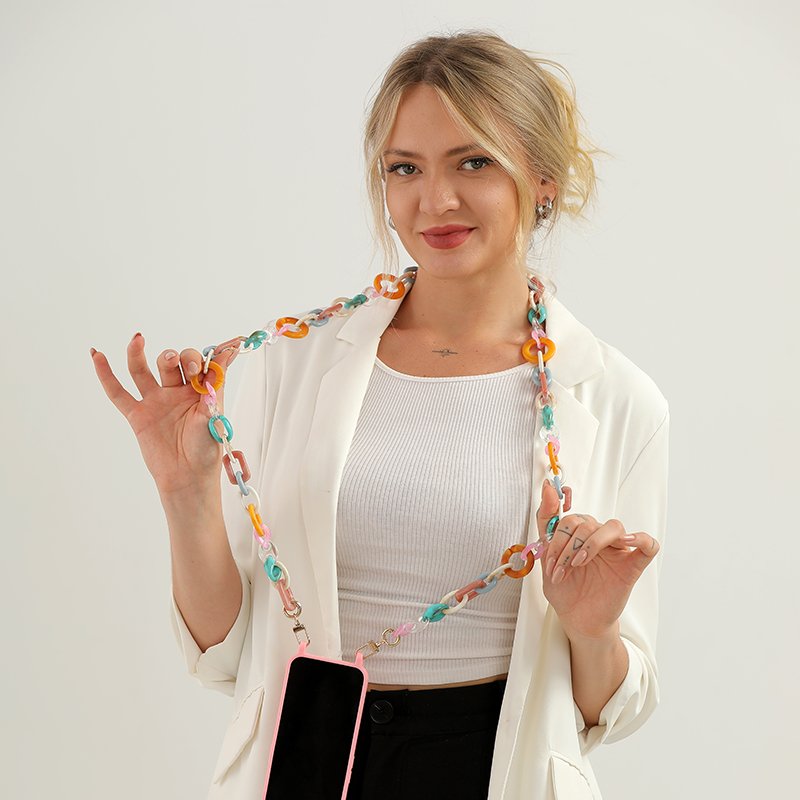 Wholesale Handmade Mobile Phone Small Bag Chain 120cm Strong Design Phone Strap Lanyard Acrylic Cell Phone Case Chain