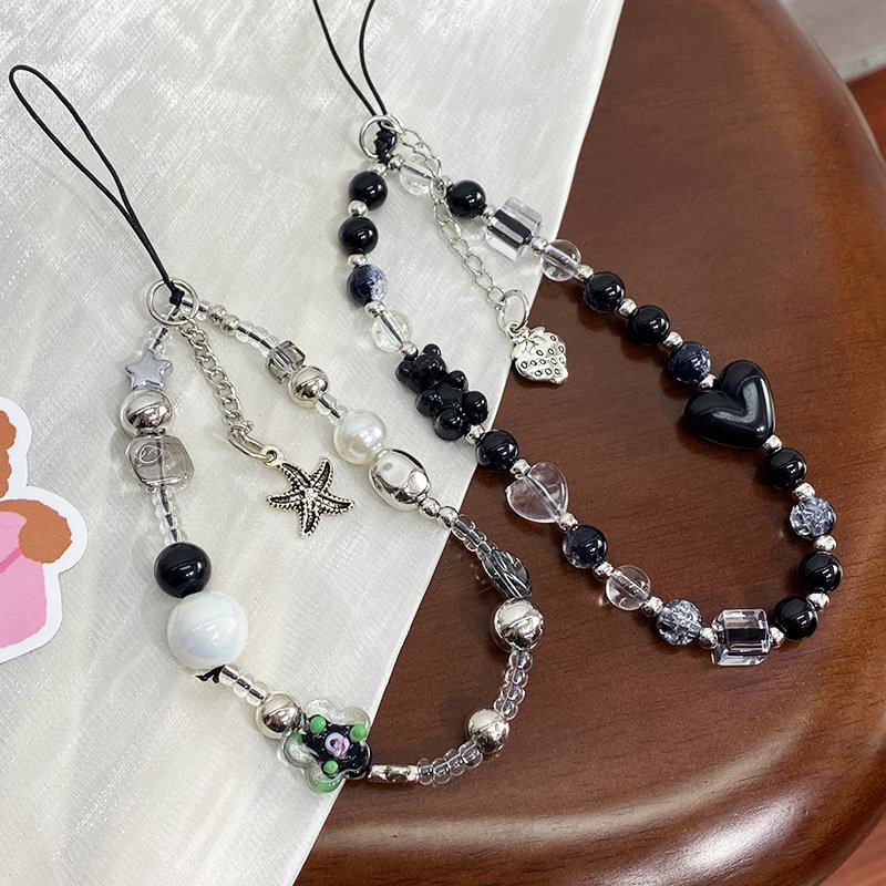 Korean Y2K Black Bear Heart Phone Chain Trendy Pendant For iPhone Samsung Universal Accessories Cute Phone Hanging Rope For Girl