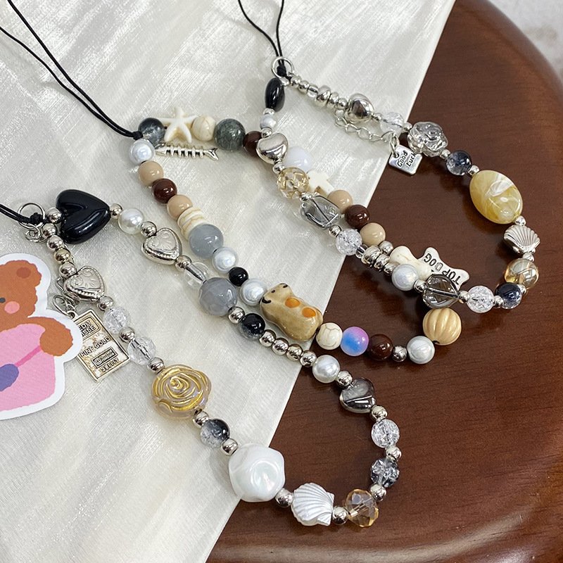 Korean Y2K Black Bear Heart Phone Chain Trendy Pendant For iPhone Samsung Universal Accessories Cute Phone Hanging Rope For Girl