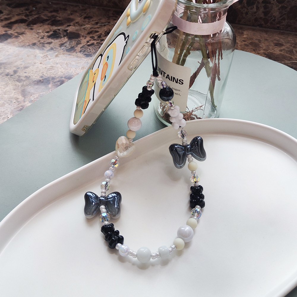KKBEAD portable black and white beaded mobile phone string wrist band resin bow mobile phone chain