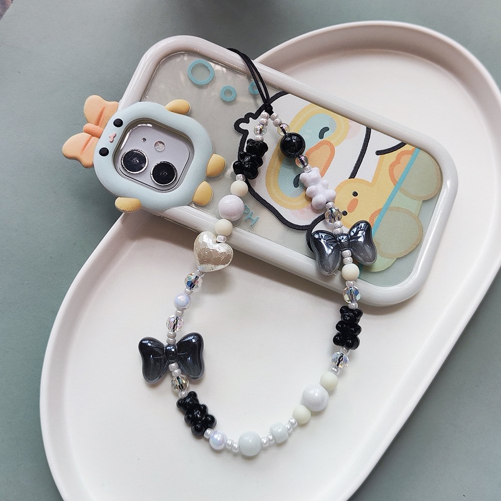 KKBEAD portable black and white beaded mobile phone string wrist band resin bow mobile phone chain