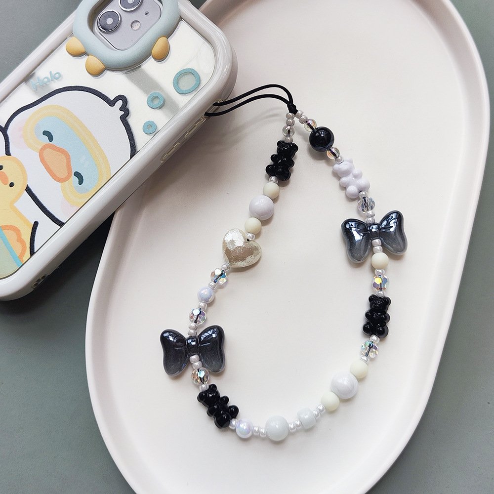 KKBEAD portable black and white beaded mobile phone string wrist band resin bow mobile phone chain