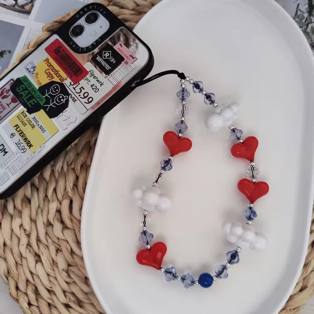 2024 New Fashion Handmade heart cloud colored crystal beaded phone case chain Insta hot sale