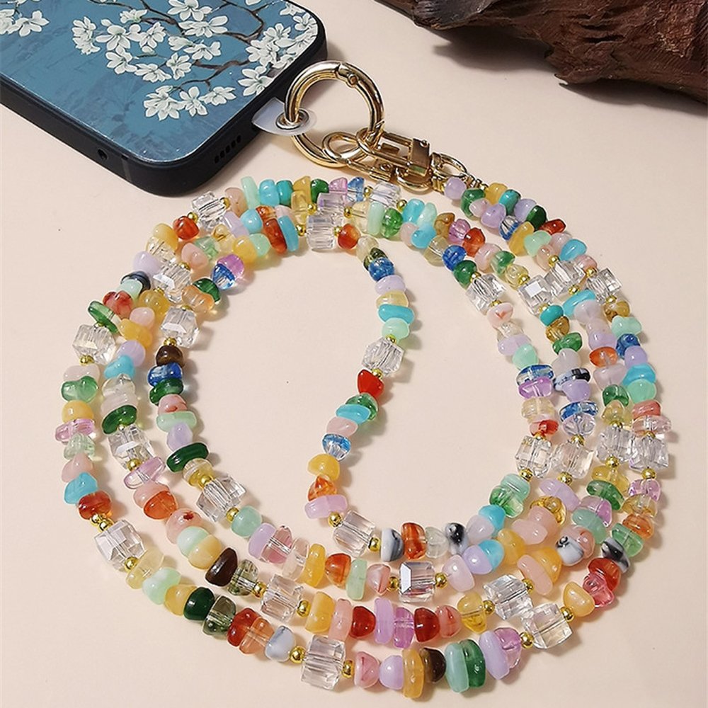 Mobile Phone Lanyard Crossbody Long Chain Multi-colored Stone Beaded Hanging Antique Girl Chain Lanyard for Phone Case