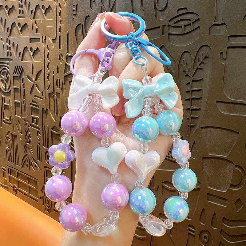 Wholesale Candy Color Beaded Keychain Wrist Strap Phone Strap Keychain Cute Flower Bowknot Love Heart Keychain Accessories