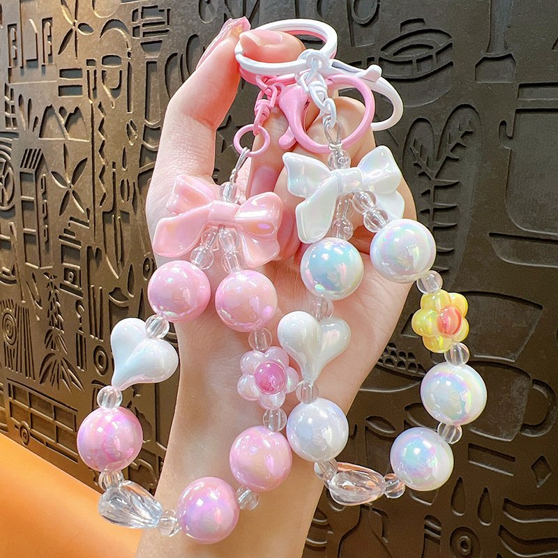 Wholesale Candy Color Beaded Keychain Wrist Strap Phone Strap Keychain Cute Flower Bowknot Love Heart Keychain Accessories
