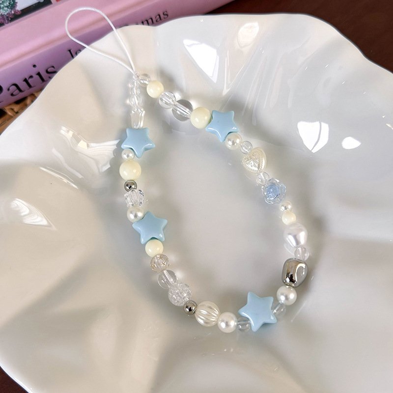 Hand Made Maiden Heart Blue Crystal Mobile Phone Straps Beaded Chain Universal Phone Case Chain Accessories