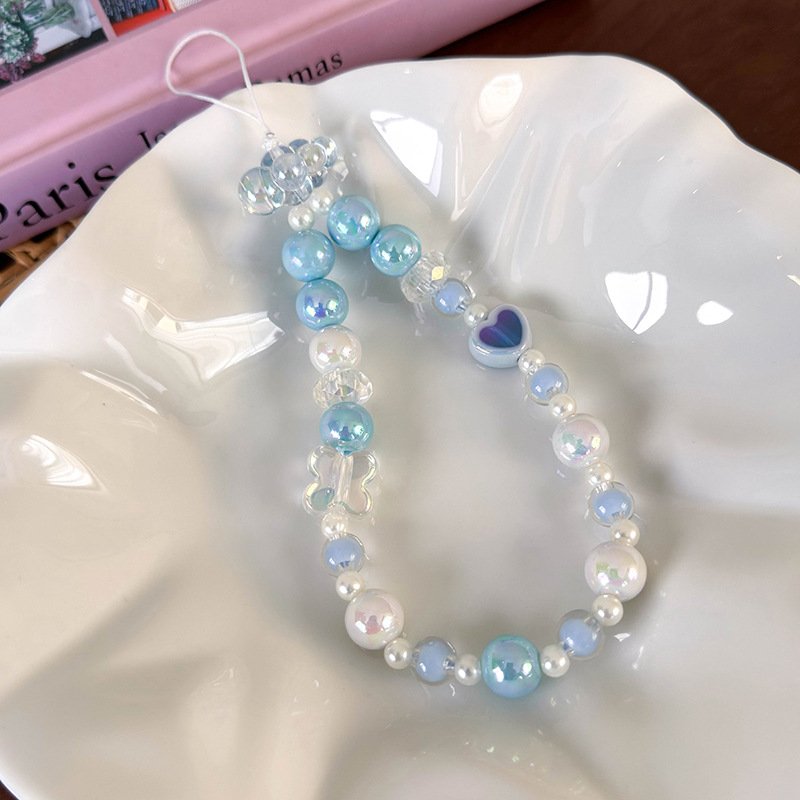 Hand Made Maiden Heart Blue Crystal Mobile Phone Straps Beaded Chain Universal Phone Case Chain Accessories