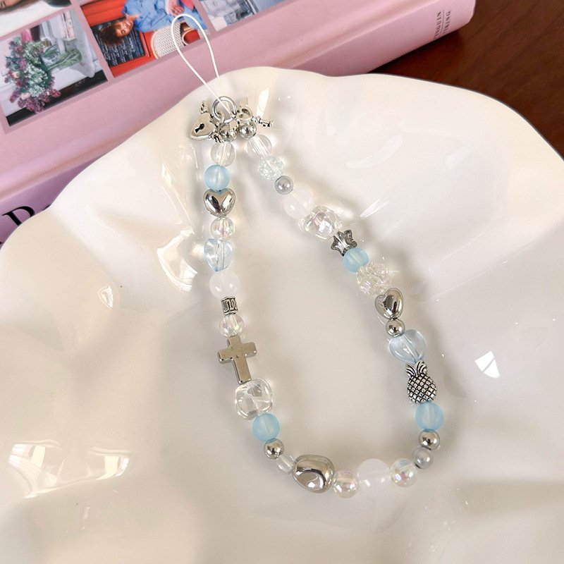 Hand Made Maiden Heart Blue Crystal Mobile Phone Straps Beaded Chain Universal Phone Case Chain Accessories