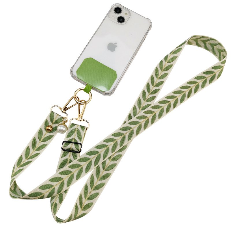 Adjustable Crossbody Long Mobile Phone Lanyard Wide Cloth Neckband Strap Rope Women's Pearl Hanging Ornaments Anti-Lost Lanyard