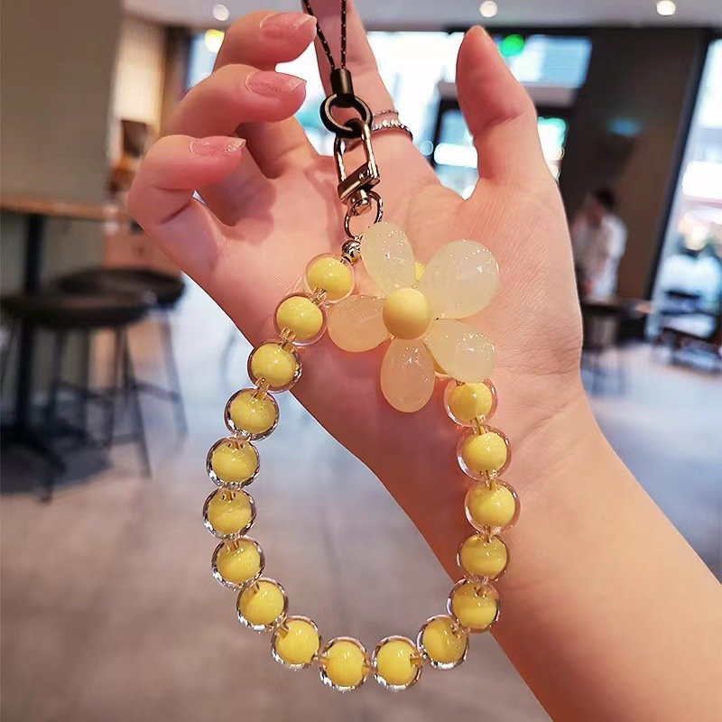 Mobile phone lanyard short flower wrist pendant hand beaded multicolor macarone beads beads pendant handchain female strap