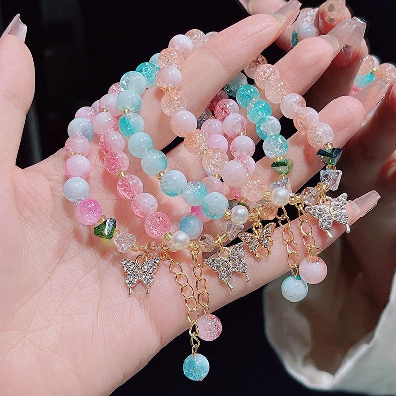 Natural Crystal Fashion Women Jewelry Colorful Charms Glass Crack Jade Beaded Flower Butterfly Charm Bracelets For Girl