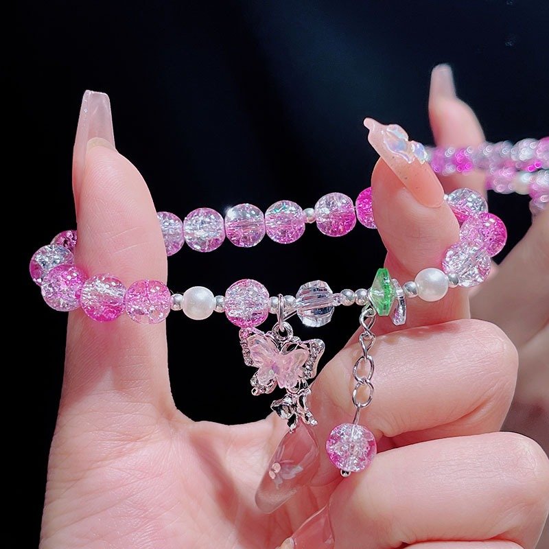 Natural Crystal Fashion Women Jewelry Colorful Charms Glass Crack Jade Beaded Flower Butterfly Charm Bracelets For Girl