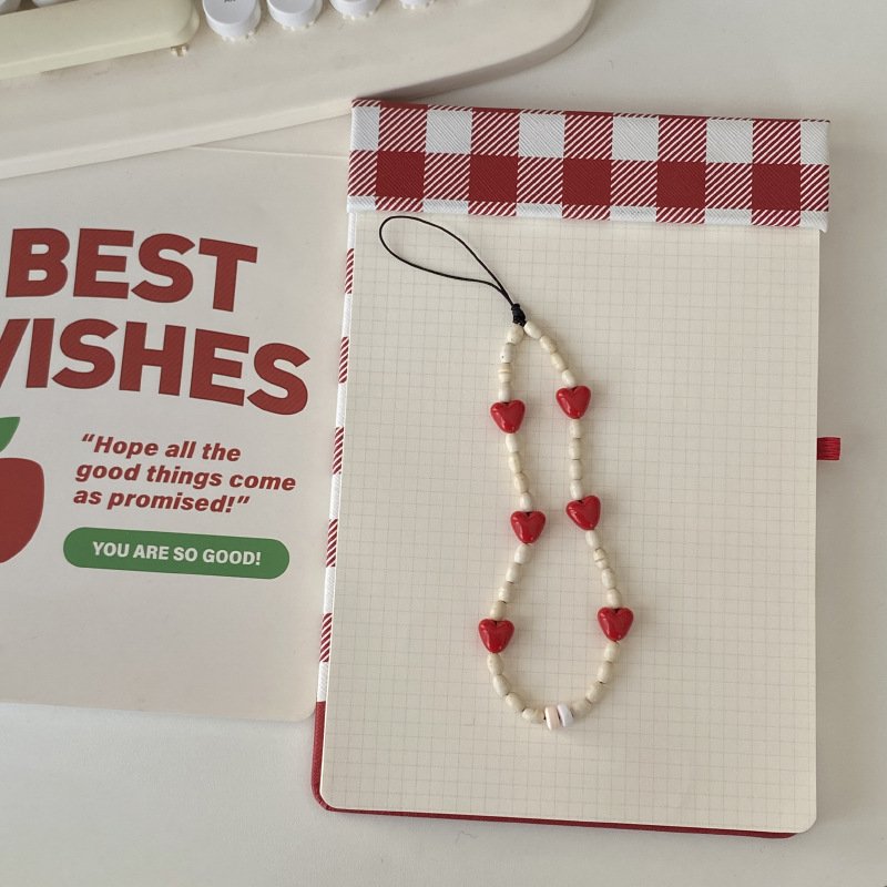 Girls Luxury cute short plastic resin red heart bead mobile phone key chain camera straps lanyard Acrylic Pearl Phones Cord