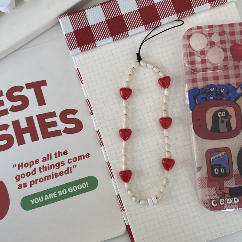 Girls Luxury cute short plastic resin red heart bead mobile phone key chain camera straps lanyard Acrylic Pearl Phones Cord