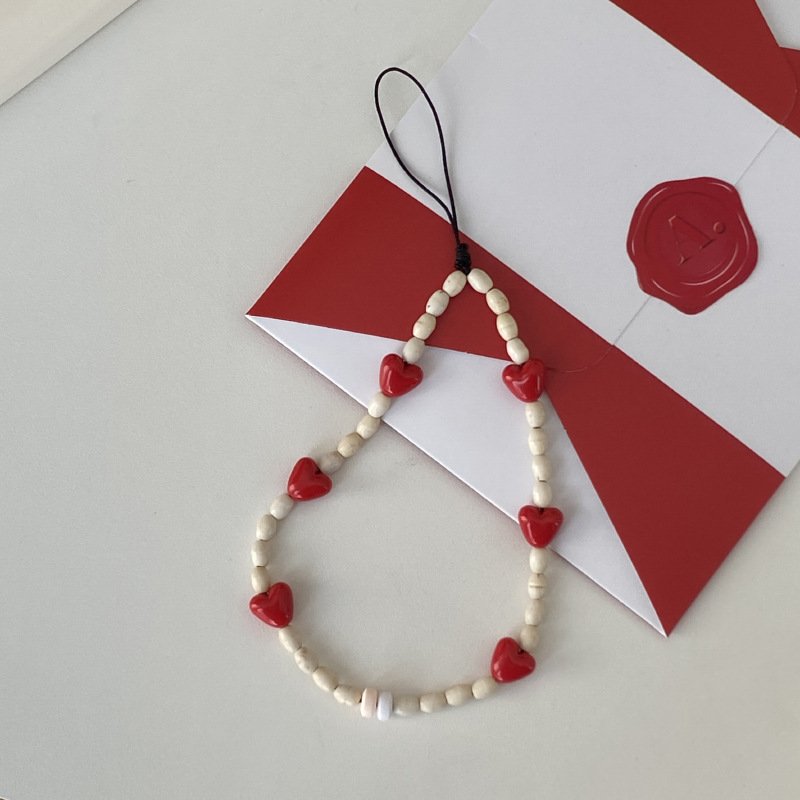 Girls Luxury cute short plastic resin red heart bead mobile phone key chain camera straps lanyard Acrylic Pearl Phones Cord