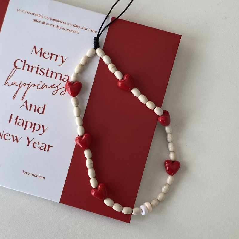 Girls Luxury cute short plastic resin red heart bead mobile phone key chain camera straps lanyard Acrylic Pearl Phones Cord