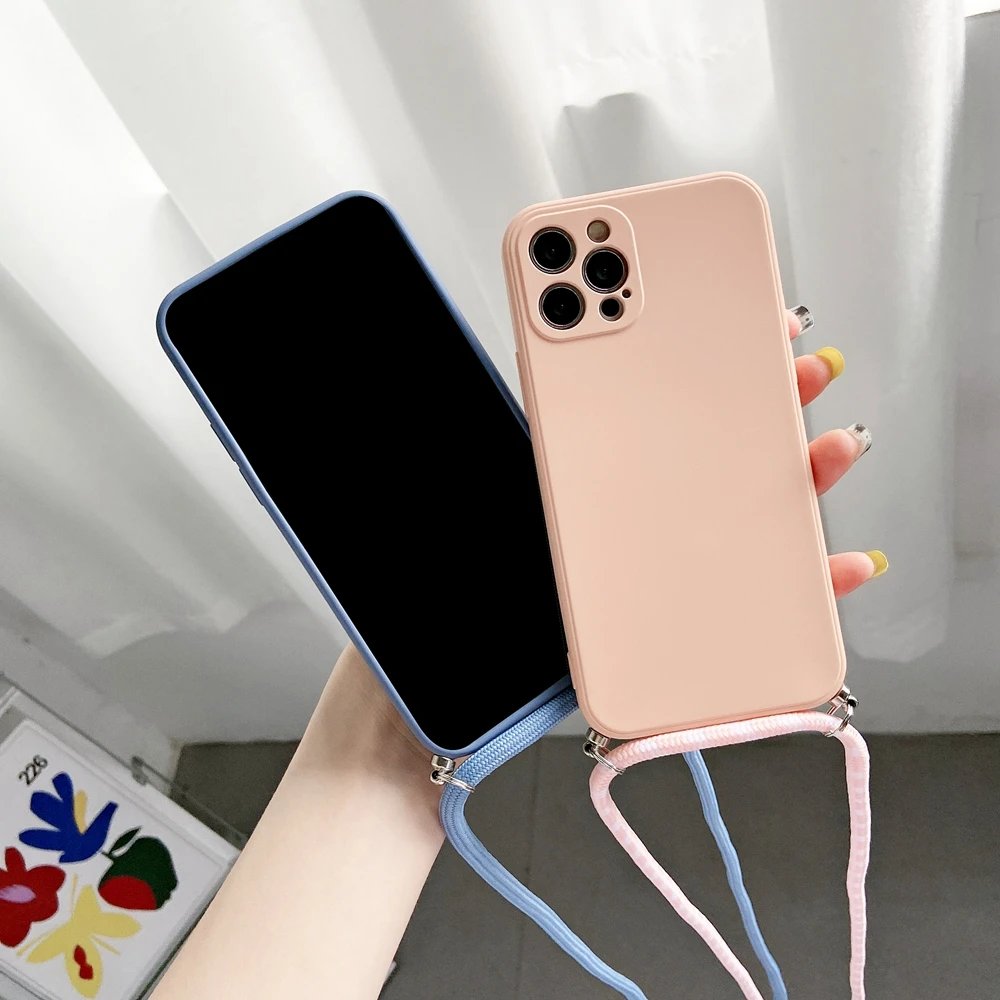 Crossbody Necklace Strap Lanyard Cord Liquid Silicone Phone Case For iphone 14 13 12 MiNi 11 Pro X XR XS Max 6 7 8 Plus SE Cover