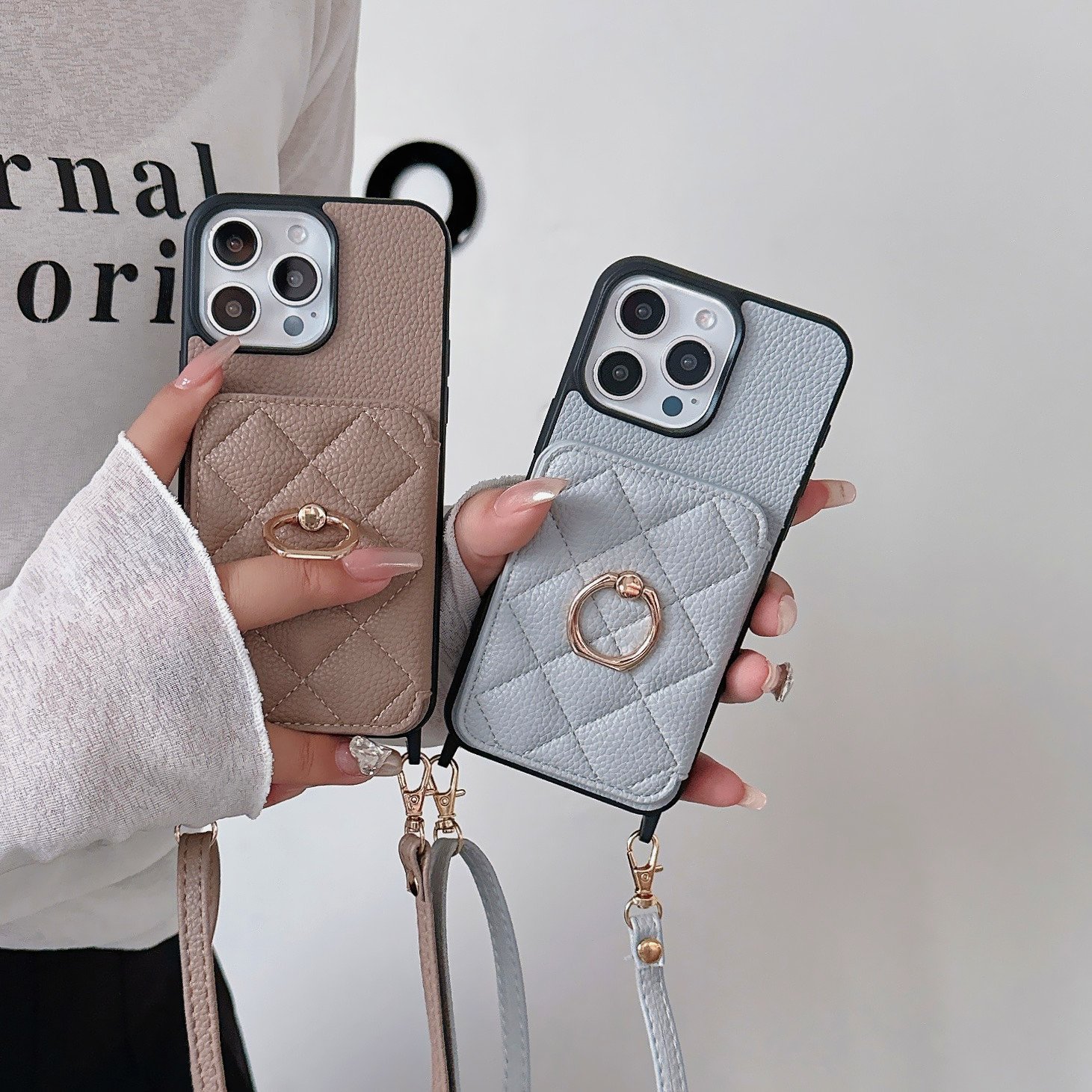 Integrated Diamond Ring card Crossbody mirror holster case for iPhone 16 15 14 13 12 11pro max trending card holder phone cover