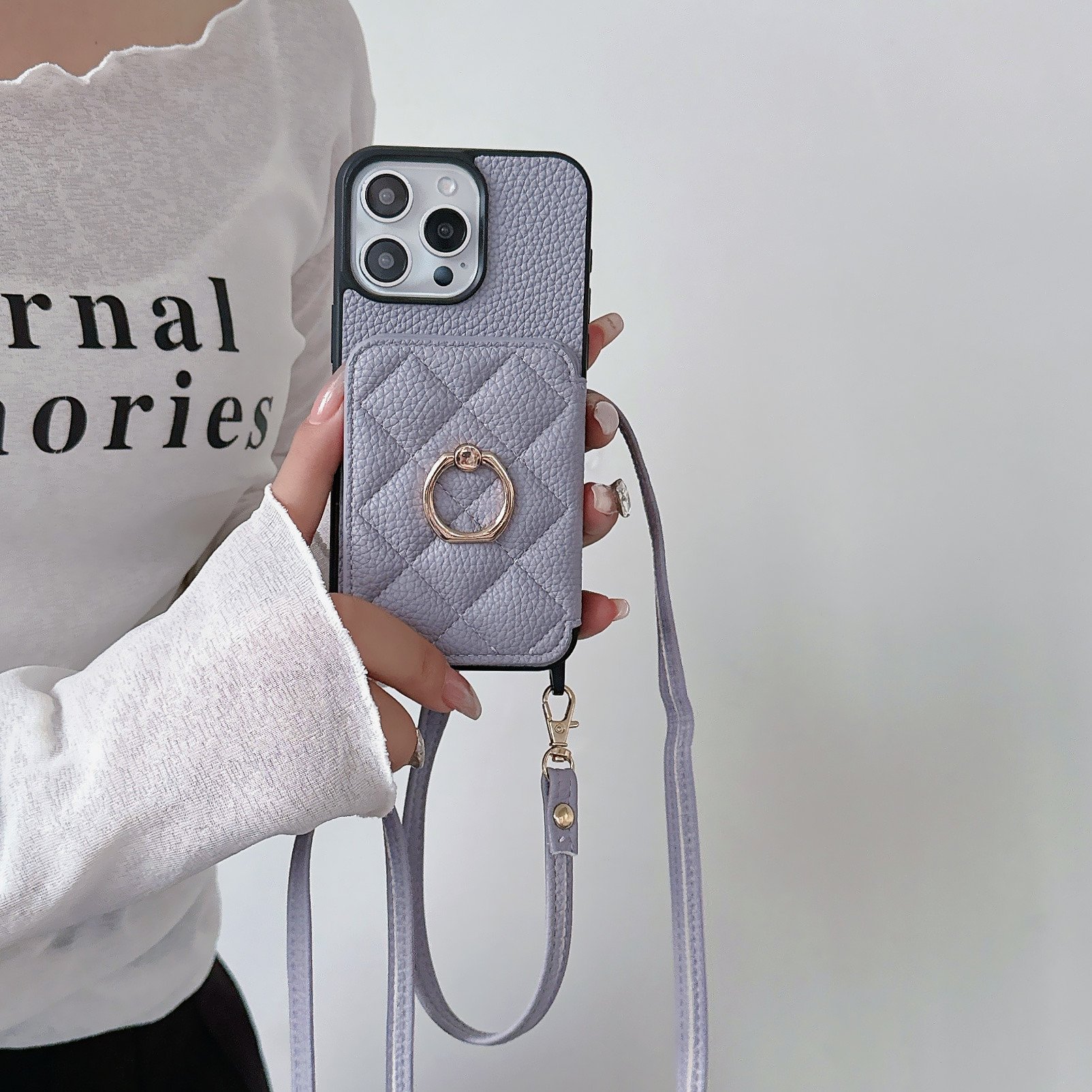 Integrated Diamond Ring card Crossbody mirror holster case for iPhone 16 15 14 13 12 11pro max trending card holder phone cover