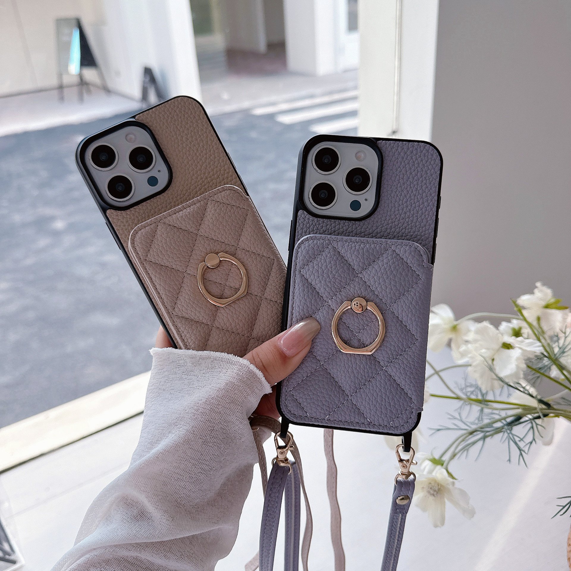 Integrated Diamond Ring card Crossbody mirror holster case for iPhone 16 15 14 13 12 11pro max trending card holder phone cover