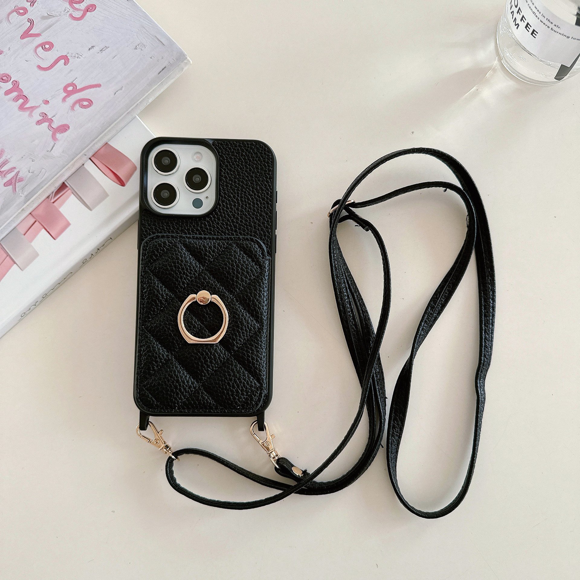Integrated Diamond Ring card Crossbody mirror holster case for iPhone 16 15 14 13 12 11pro max trending card holder phone cover
