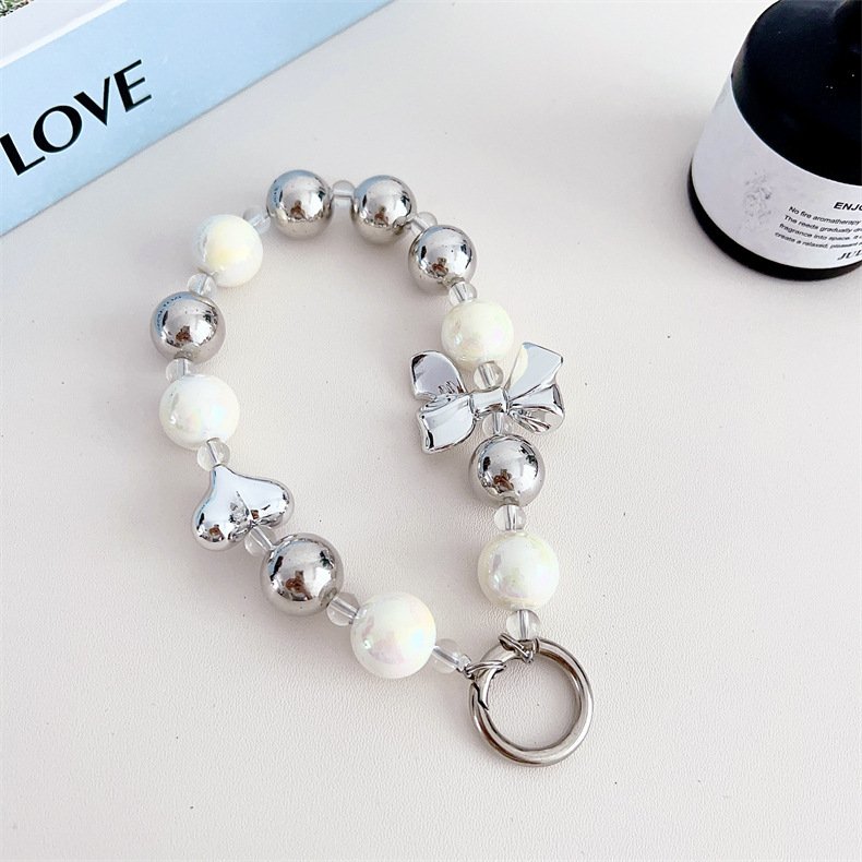 Simple Pearl Beaded Bow Phone Pendant Aesthetic Pendant Key Chains For iPhone phone cover Girls mobile case Accessories lanyard
