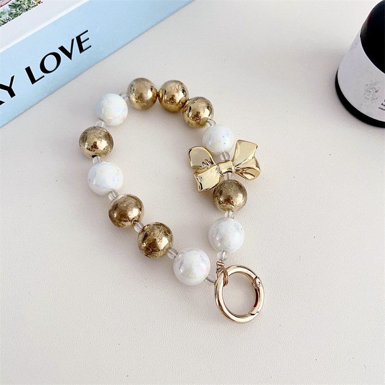 Simple Pearl Beaded Bow Phone Pendant Aesthetic Pendant Key Chains For iPhone phone cover Girls mobile case Accessories lanyard