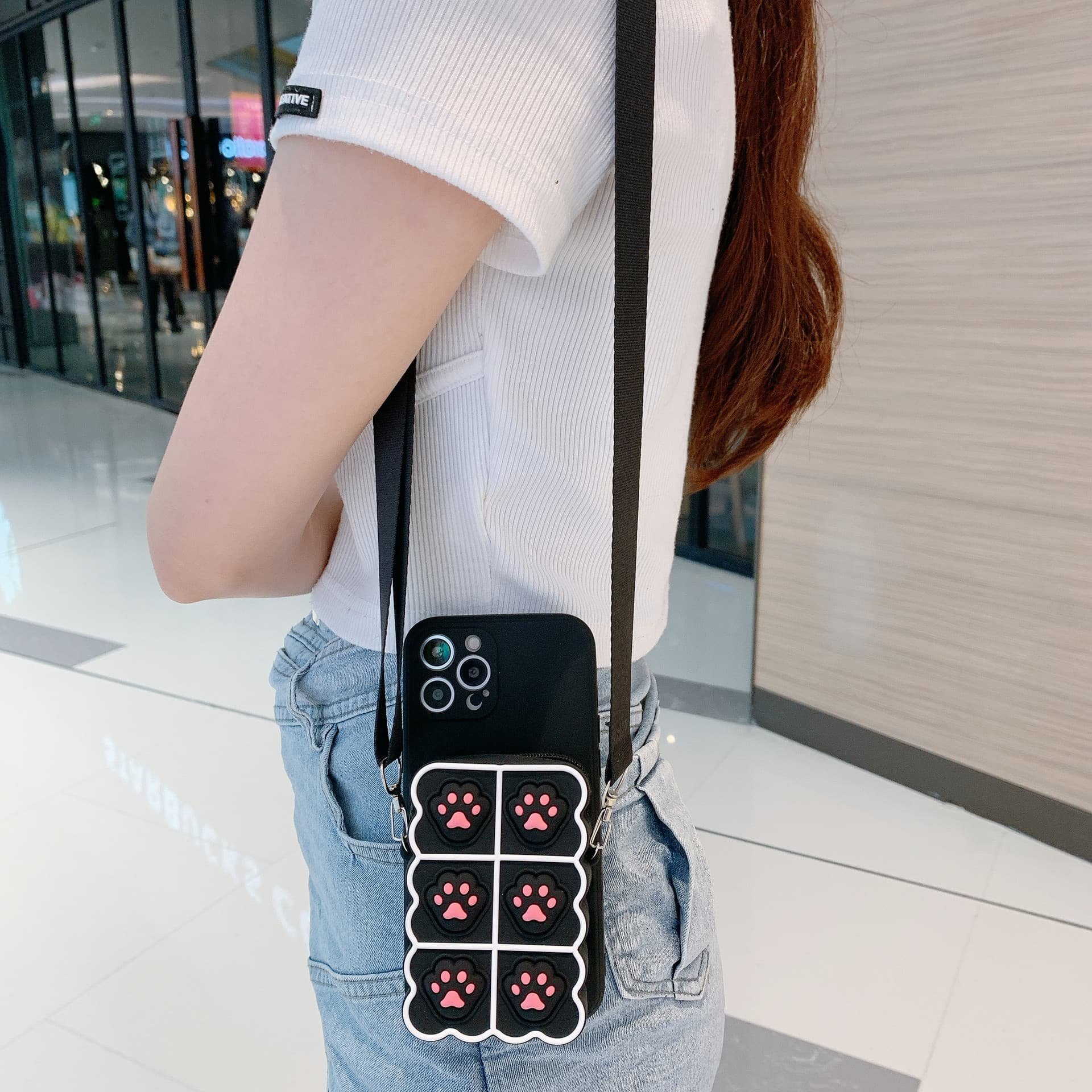 With Crossbody Strap Wallet Bag 3D Cute Cat Paw Girl Women Silicone Phone Case Cover For Iphone Xs 11 12 13 14 15 Plus Pro Max
