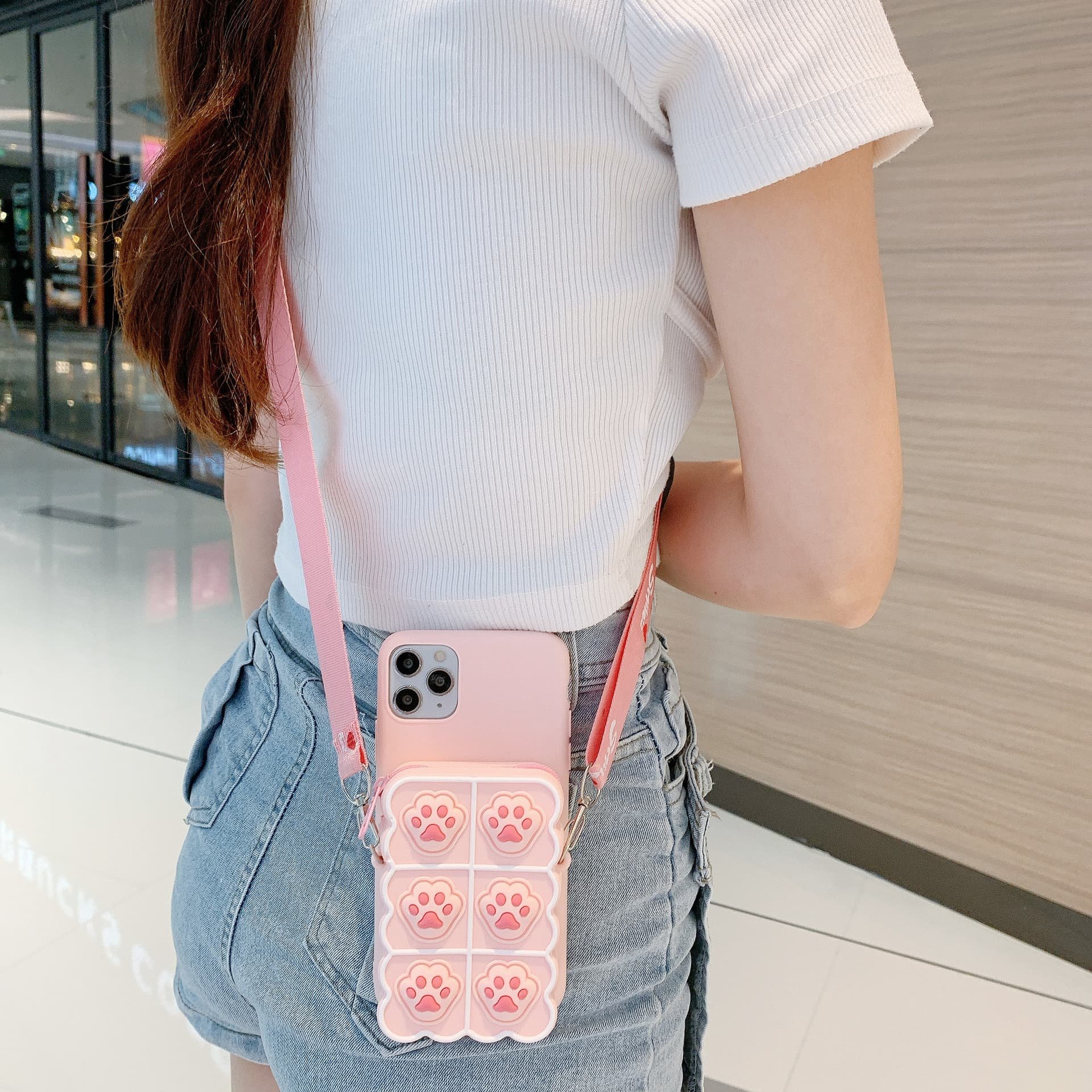 With Crossbody Strap Wallet Bag 3D Cute Cat Paw Girl Women Silicone Phone Case Cover For Iphone Xs 11 12 13 14 15 Plus Pro Max