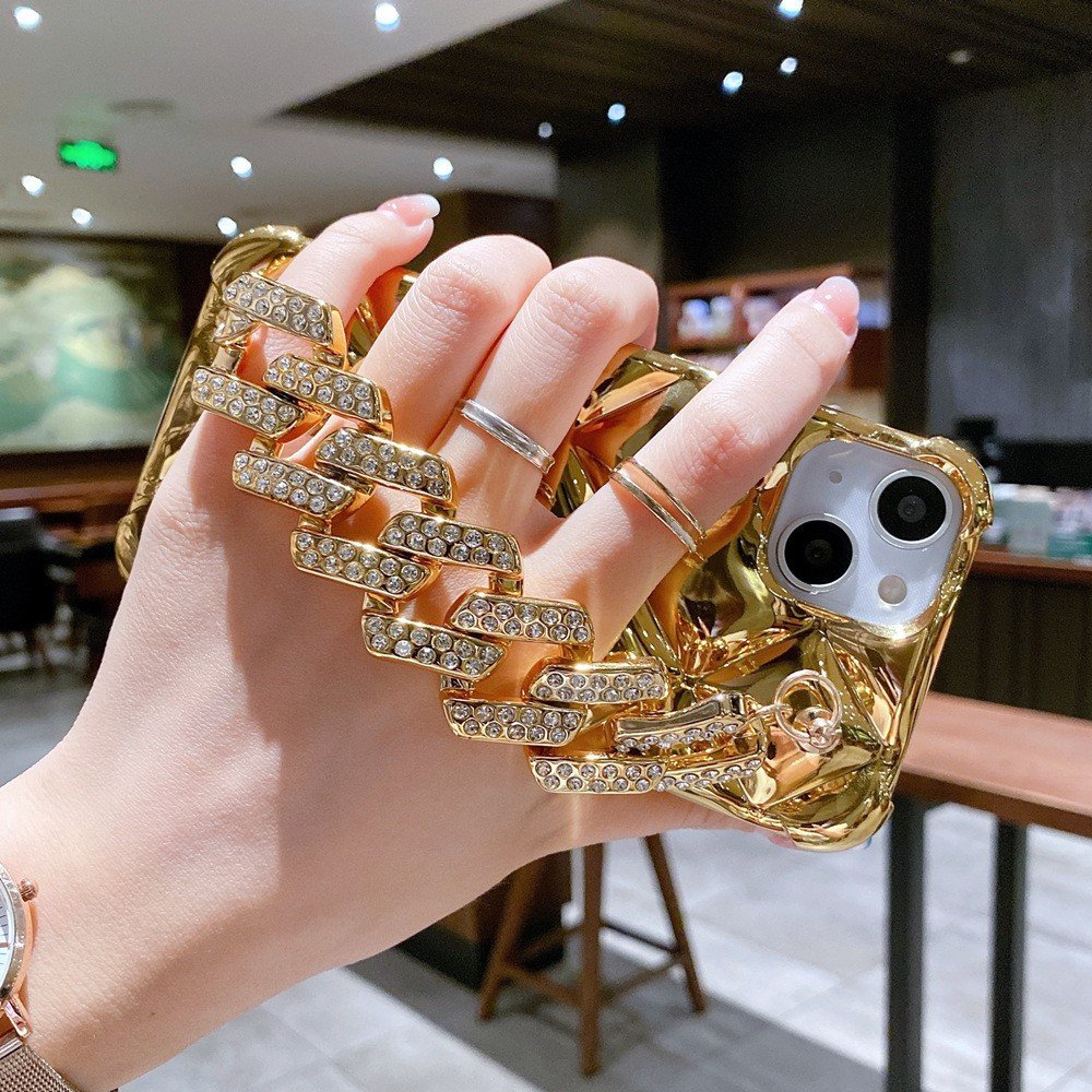 foshan glitter phone case with plastic chain lanyard for iPhone 11 12 13 Pro Max with bracelet for women mobile phone shell