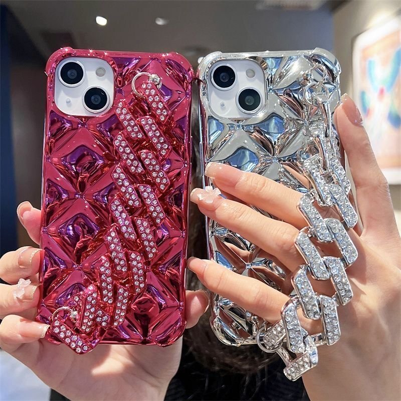 foshan glitter phone case with plastic chain lanyard for iPhone 11 12 13 Pro Max with bracelet for women mobile phone shell