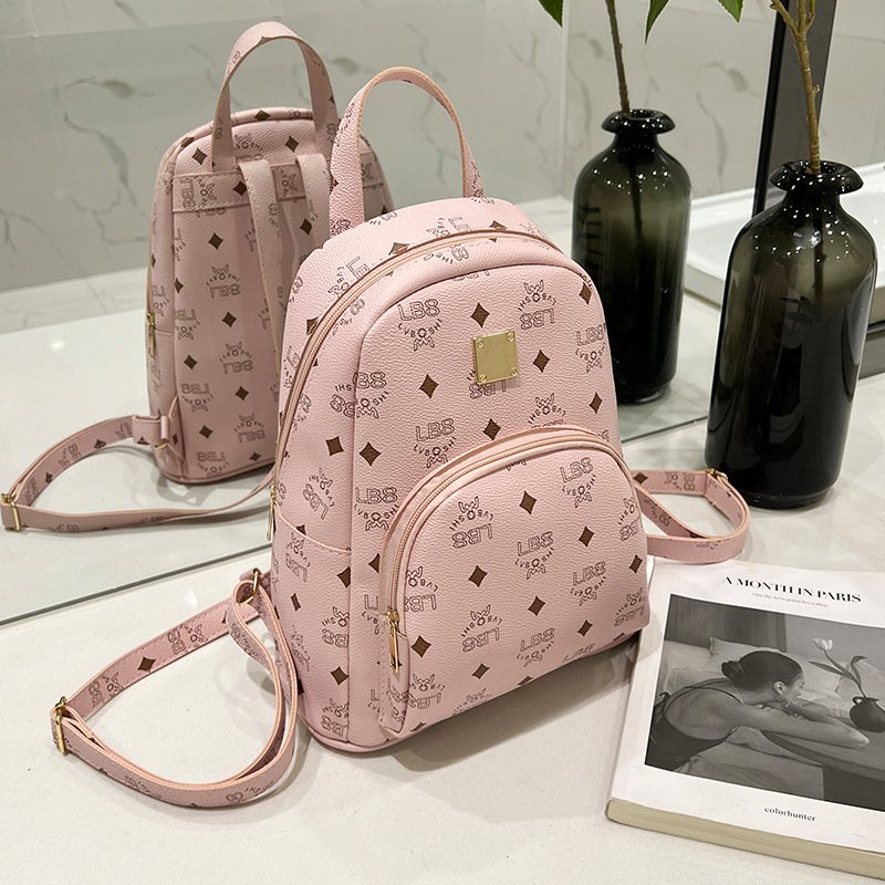 PU Leather Lychee Patterns Preppy Mobile Phone Ladies Bags Pink Weightless Printed Backpacks For Girls