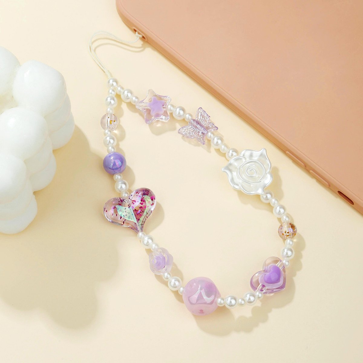 Fashion Multi-Color Phone Chain with Acrylic Beaded Romantic Bouquet and Heart Design Anti-Loss Bag Charm for All Phone Models